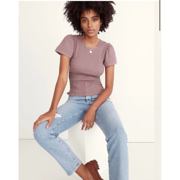 Madewell Tops - Madewell Lucie Flutter-Sleeve Smocked Bodice Top - Fig Size L